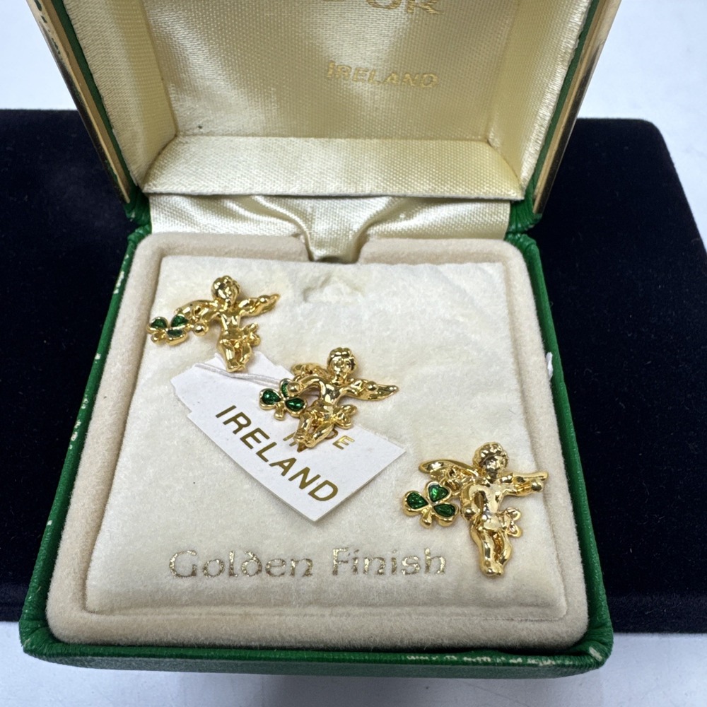Vtg Goldtone Sol Dor Ireland Set ANGEL/CHERUB Enamel Clover Dangling PIN Lapel